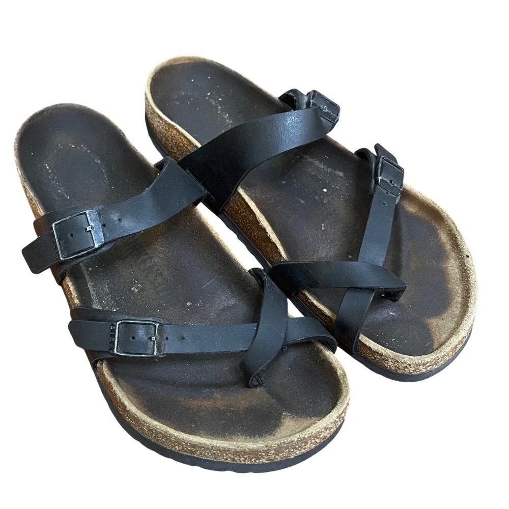 Birkenstock Mayari Black Birko-Flor Toe Loop Buckle Cork Sandals‎ Womens 39 L8